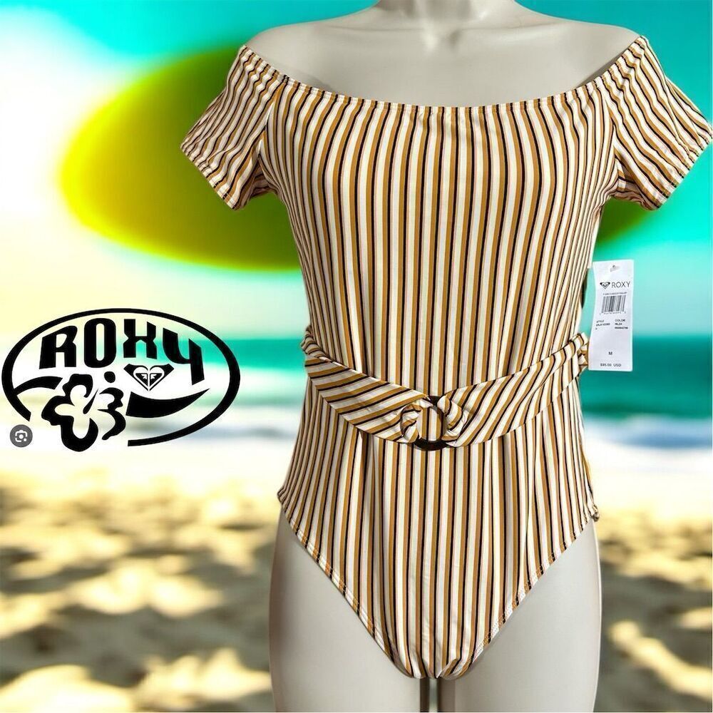 Roxy PT Beach Classics Swim Golden Ochre Stripe Off Shoulder One-Piece Swimsuit